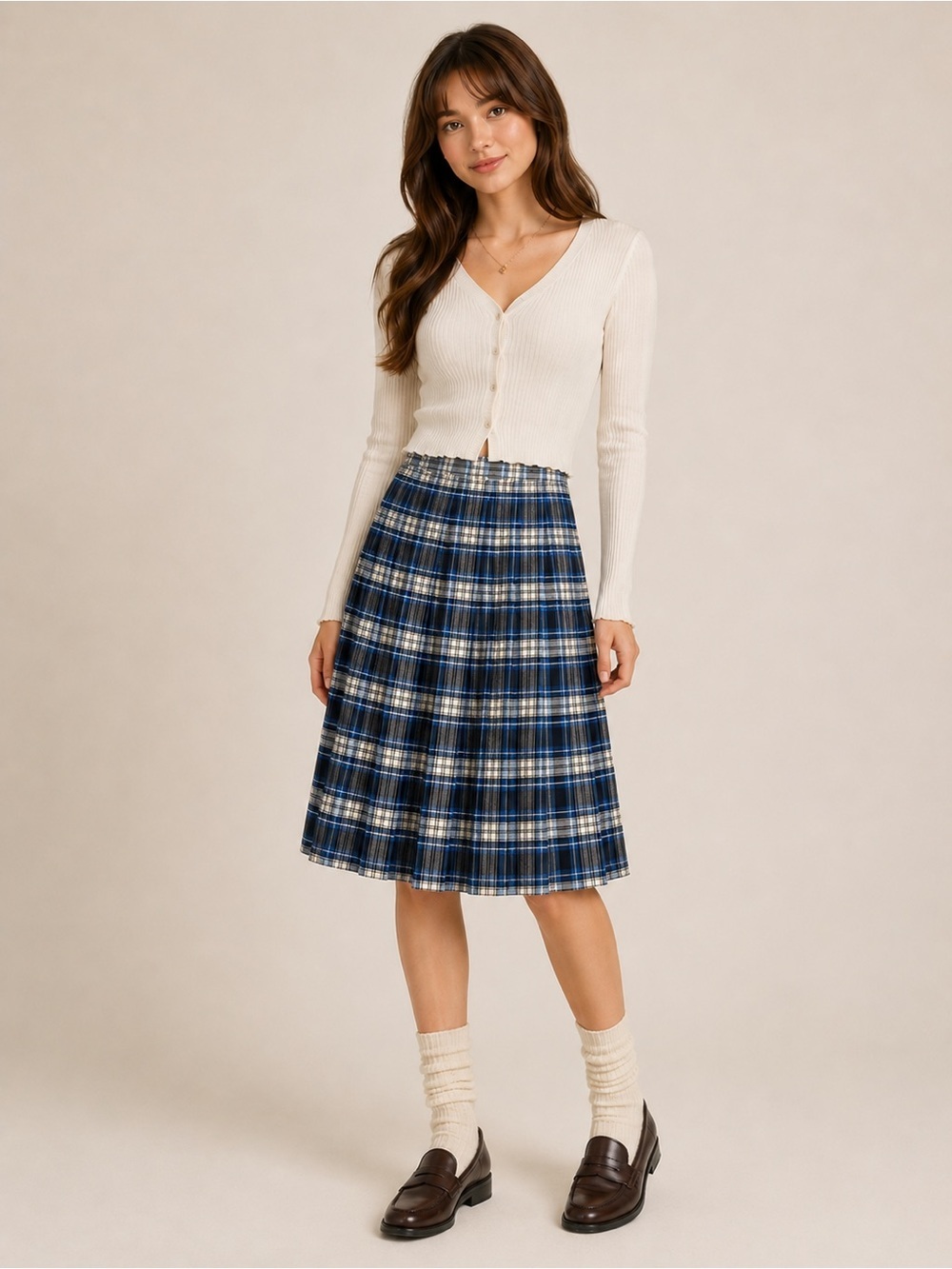 French Toast Blue Plaid Midi Skirt